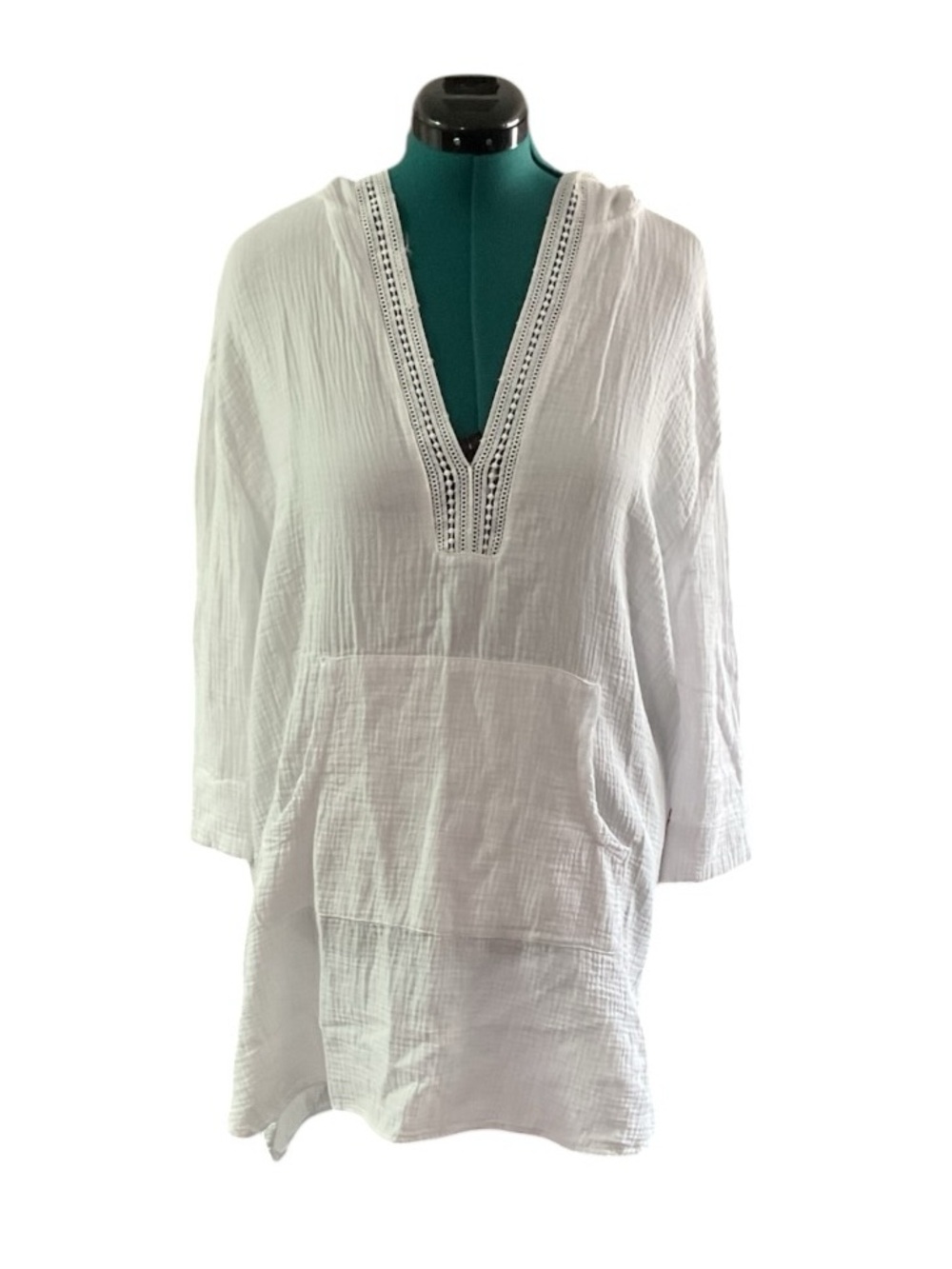 White V-Neck Crochet-Trim Beach Coverup Tunic